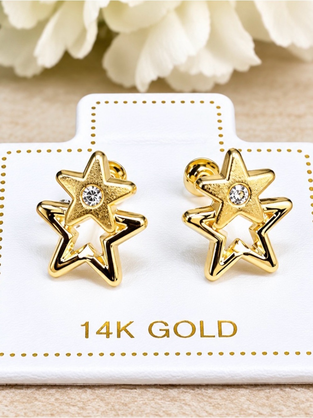 Solid Gold 14 Karat Yellow Double Star Cz Earring